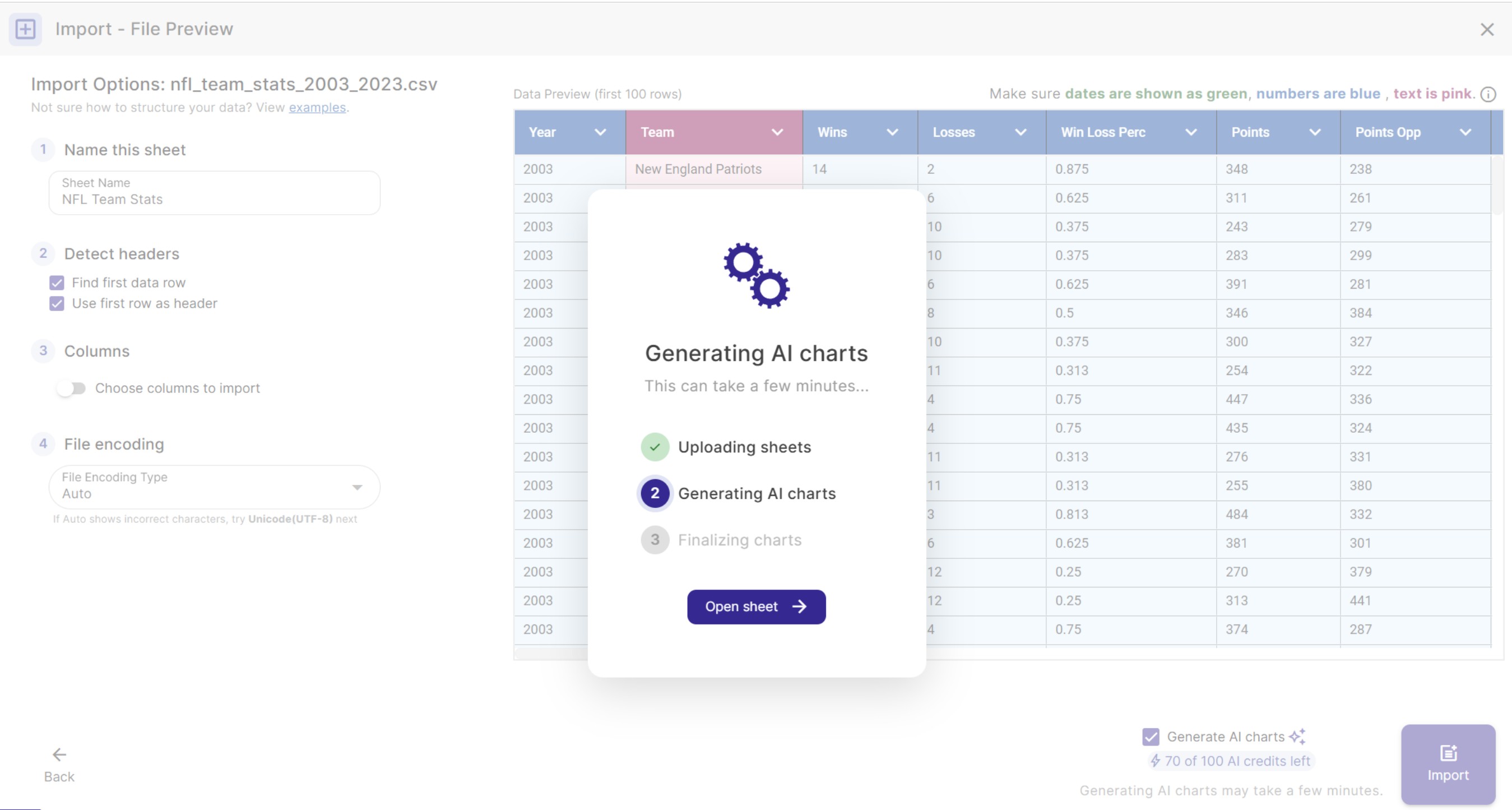 Upload a spreadsheet and AI generates charts automatically