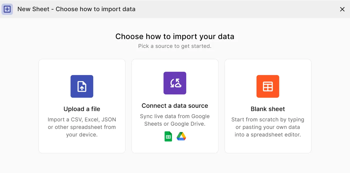 InstaCharts new sheet dialog with options to upload a file, connect a data source, or start a blank sheet