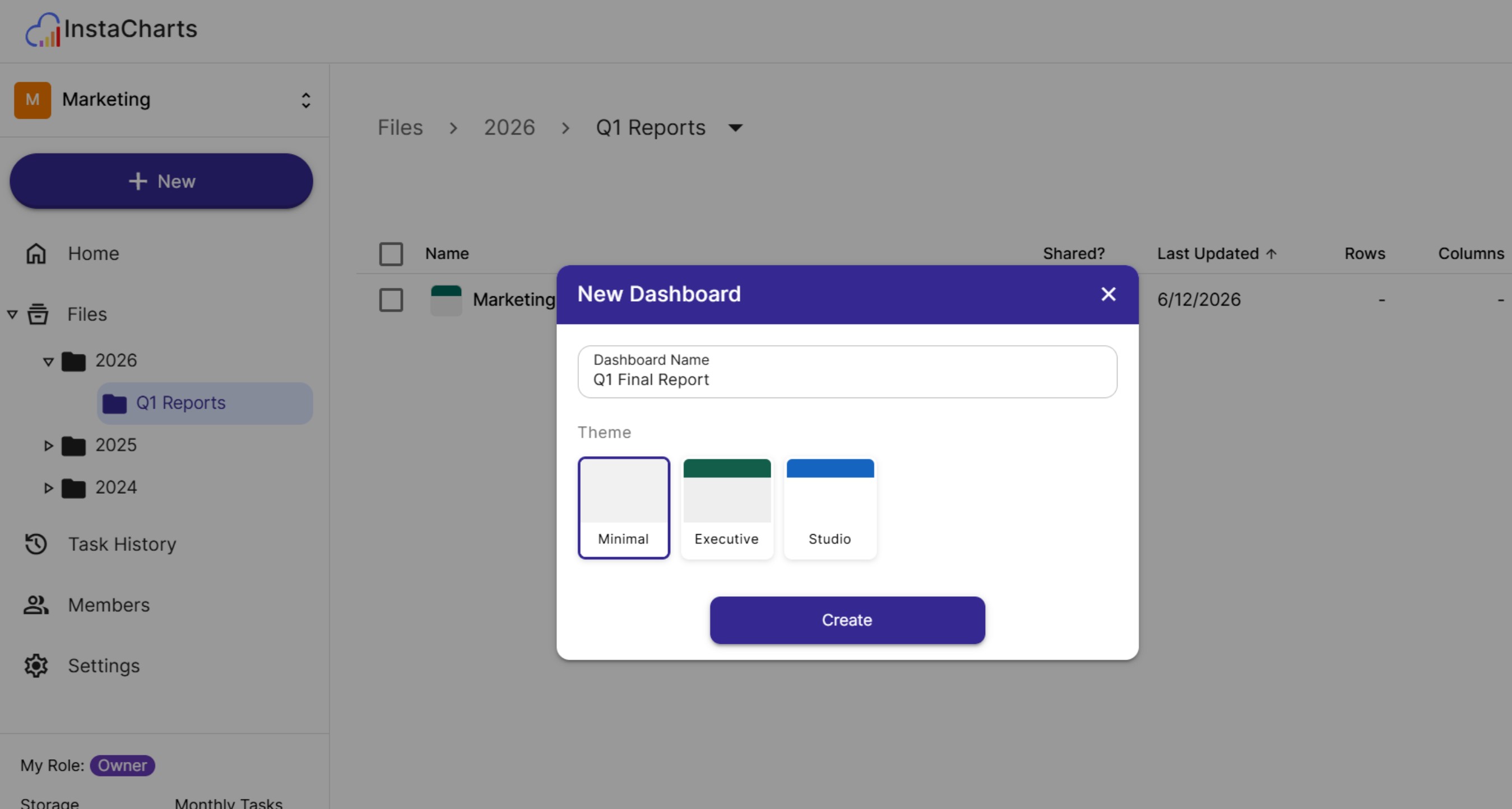 Create a new dashboard & pick a theme from your workspace