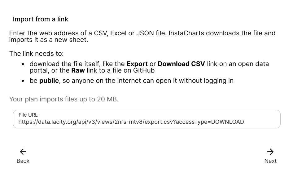 The InstaCharts Import from a link screen with a File URL box for the web address of a CSV, Excel or JSON file
