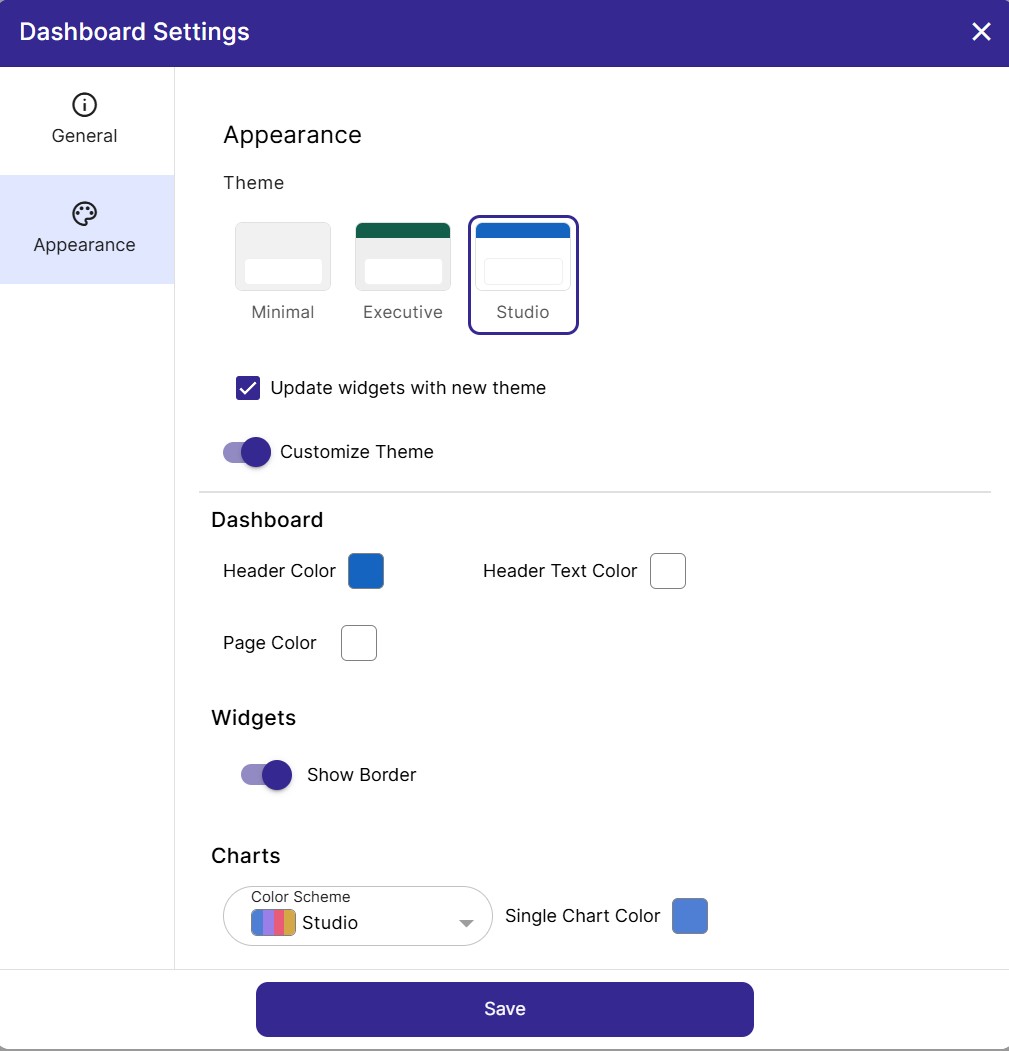 Easily retheme your dashboard using the Dashboard Settings dialog.