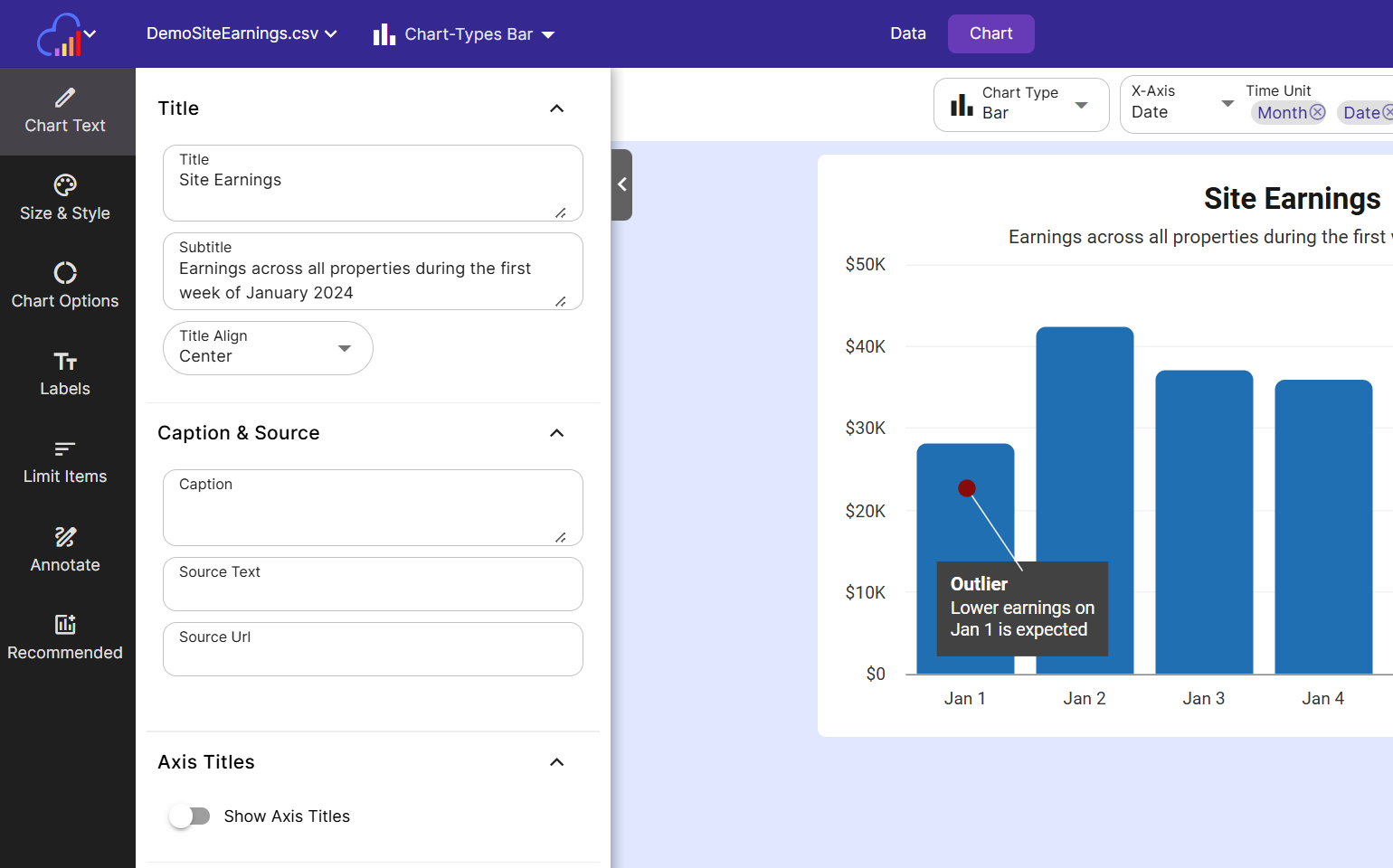 The Chart Text panel opens from the left sidebar. Use it to update the text in the chart