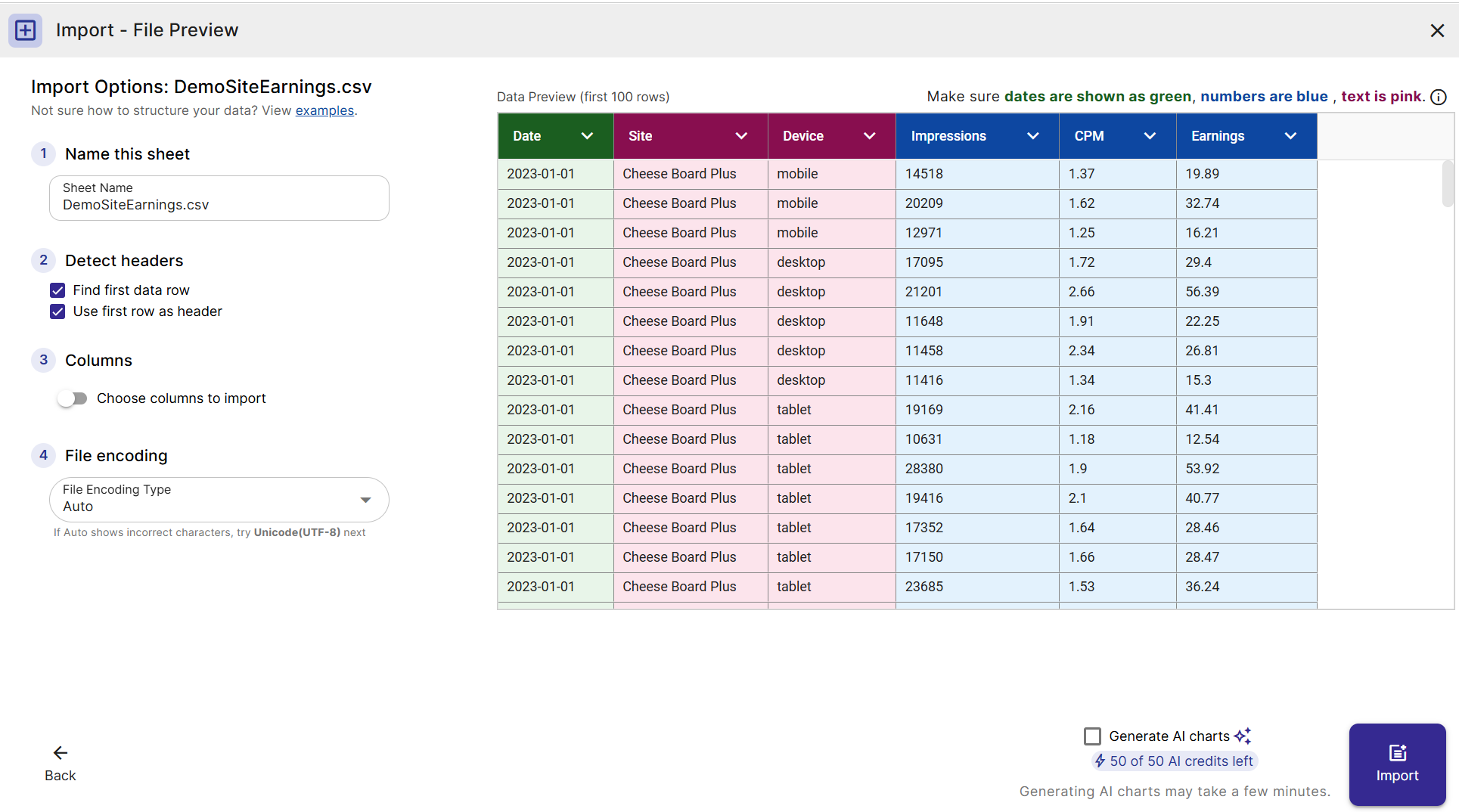 Import Options on the left, live data preview on the right. Adjust an option and the preview refreshes.