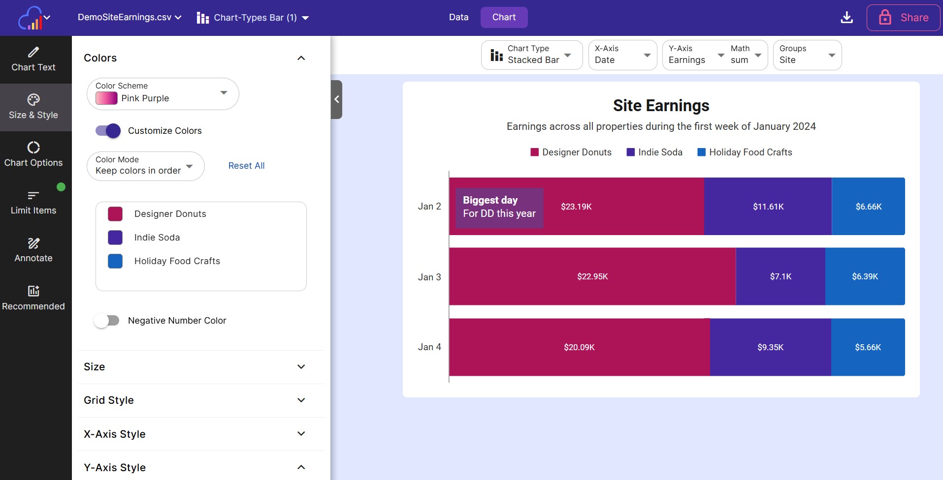 Using the Size and Options panel to create a horizontal bar chart