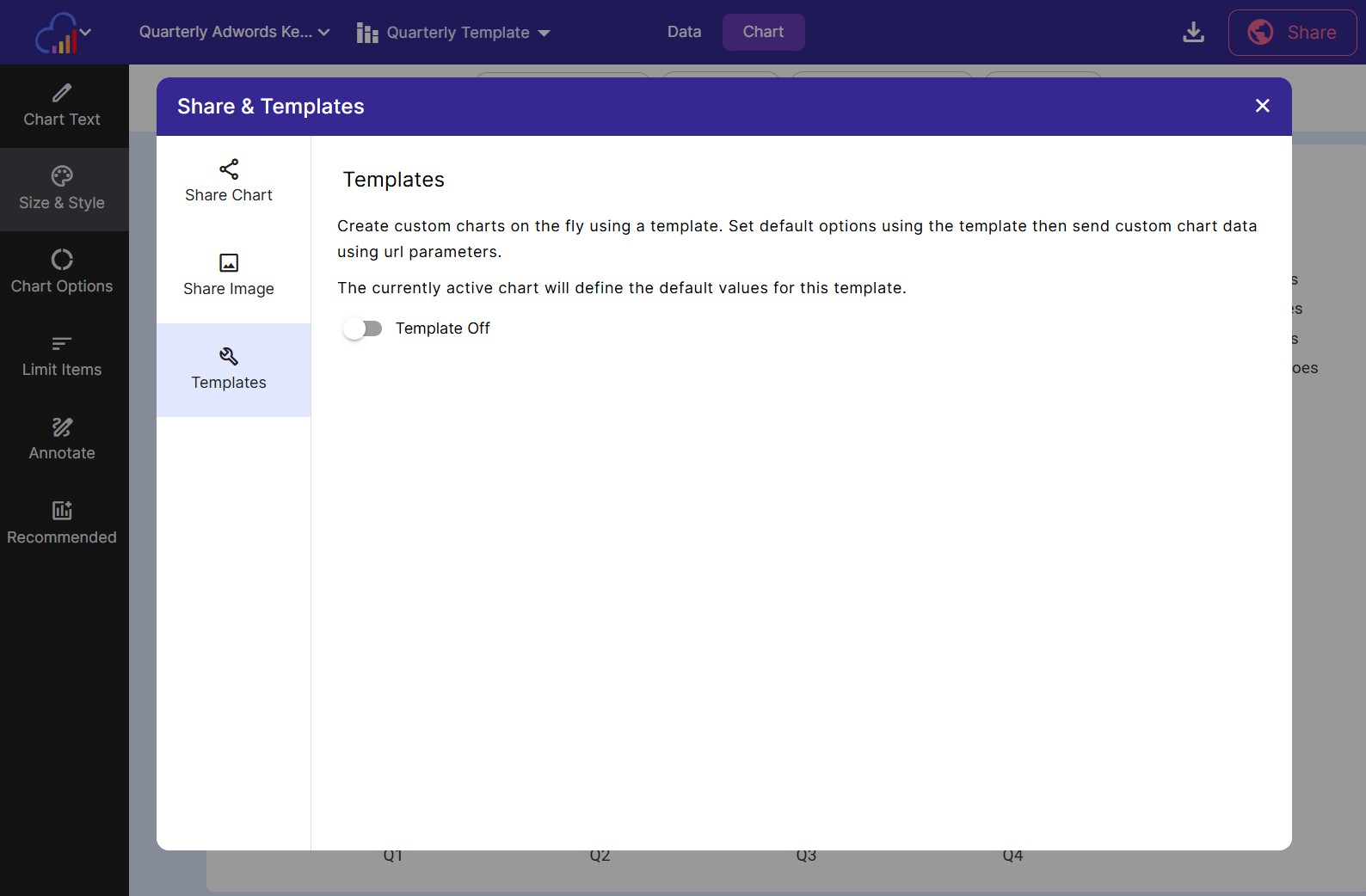 Templates are currently turned off on the current chart. Toggle the template on to use the current chart as a template.