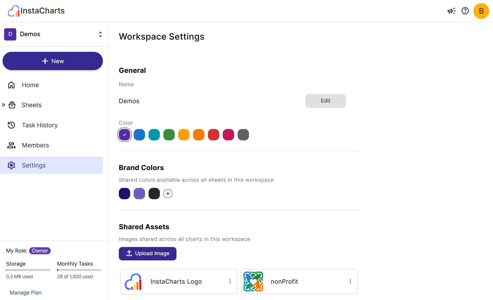 The Workspace Settings page. You can edit your brand's colors or upload shared logos from here.